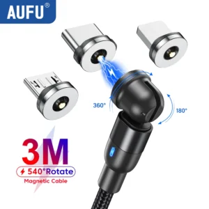 AUFU 540 تدوير المغناطيسي نوع C كابل 3 في 1 كابل شحن سريع آيفون Xiaomi سامسونج هواوي مايكرو USB سلك شحن مغناطيسي