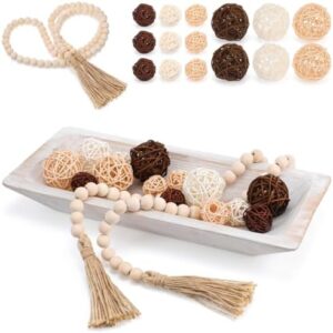 17 Pcs Decorative Wood Dough Bowl Set with Rattan Balls & Bead Garland | Rustic Home Decor : المنزل والمطبخ