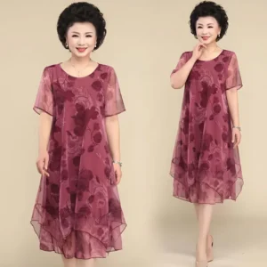 فساتين صيفية مقاس 5XL جديدة مطبوعة بالزهور بأكمام قصيرة للنساء، فستان شيفون طويل من الشيفون للأمهات متوسطات العمر. - AliExpress 200000345