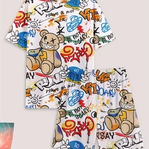 طقم بيجامة رجالي غير رسمي، تي شيرت وشورت مطبوع عليه دب وحروف، ملابس نوم صيفية مريحة - AliExpress 200574005