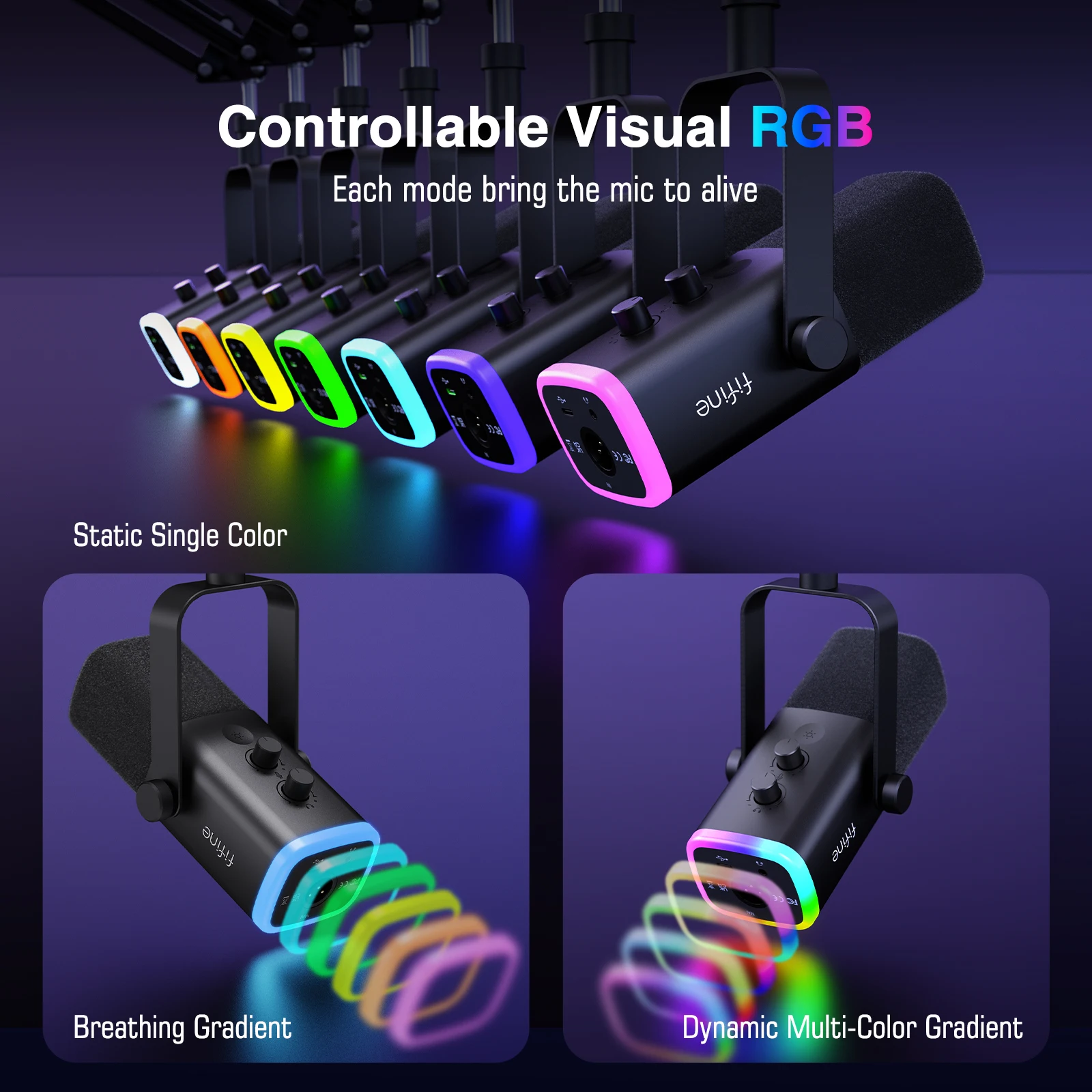 مجموعة ميكروفون FIFINE AM8T ديناميكية مع قاعدة بوم USB-C RGB للكمبيوتر PS5 - Image 4