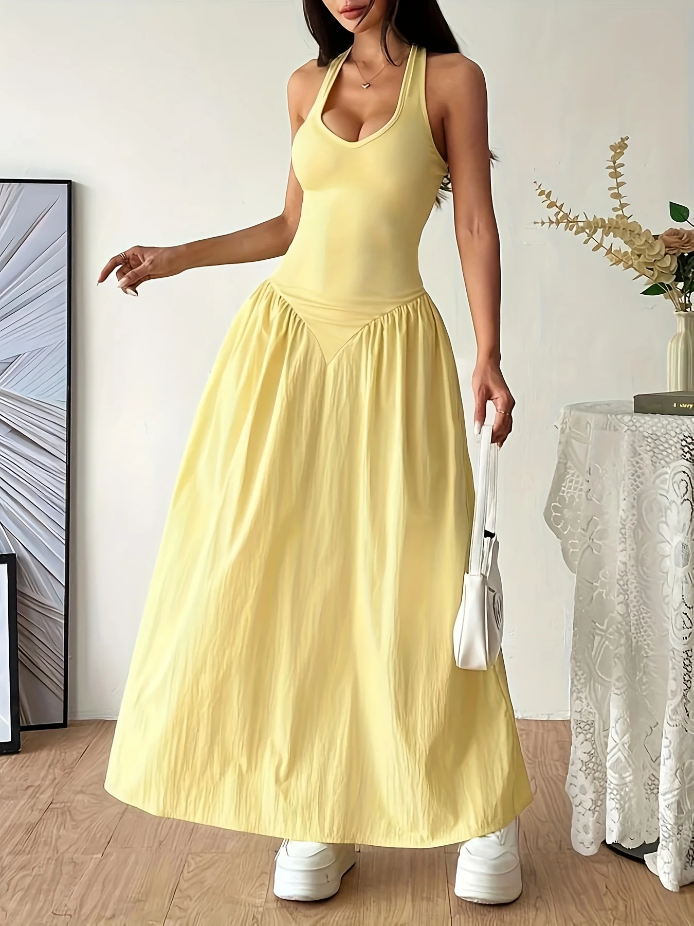 Women's Long Yellow Halter Neck Sleeveless V-Neck A-Line Backless Dress, Elegant Casual Summer Beach and Party Dress 2026 - AliExpress 200000345 - Image 4