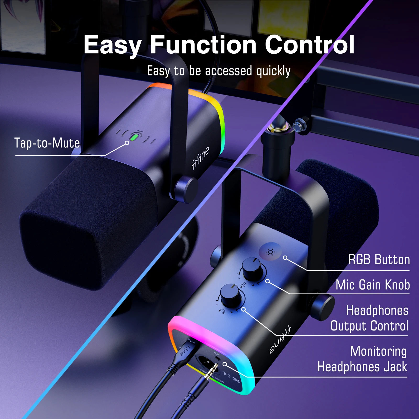 مجموعة ميكروفون FIFINE AM8T ديناميكية مع قاعدة بوم USB-C RGB للكمبيوتر PS5 - Image 5