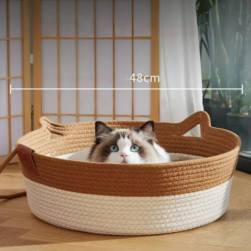 Japanese Pet Cat Bed Round Handwoven Rattan Cat Bed Summer Cooling Kitten Basket Cotton Rope Cat Scratching Baskets - AliExpress 15 - Image 4