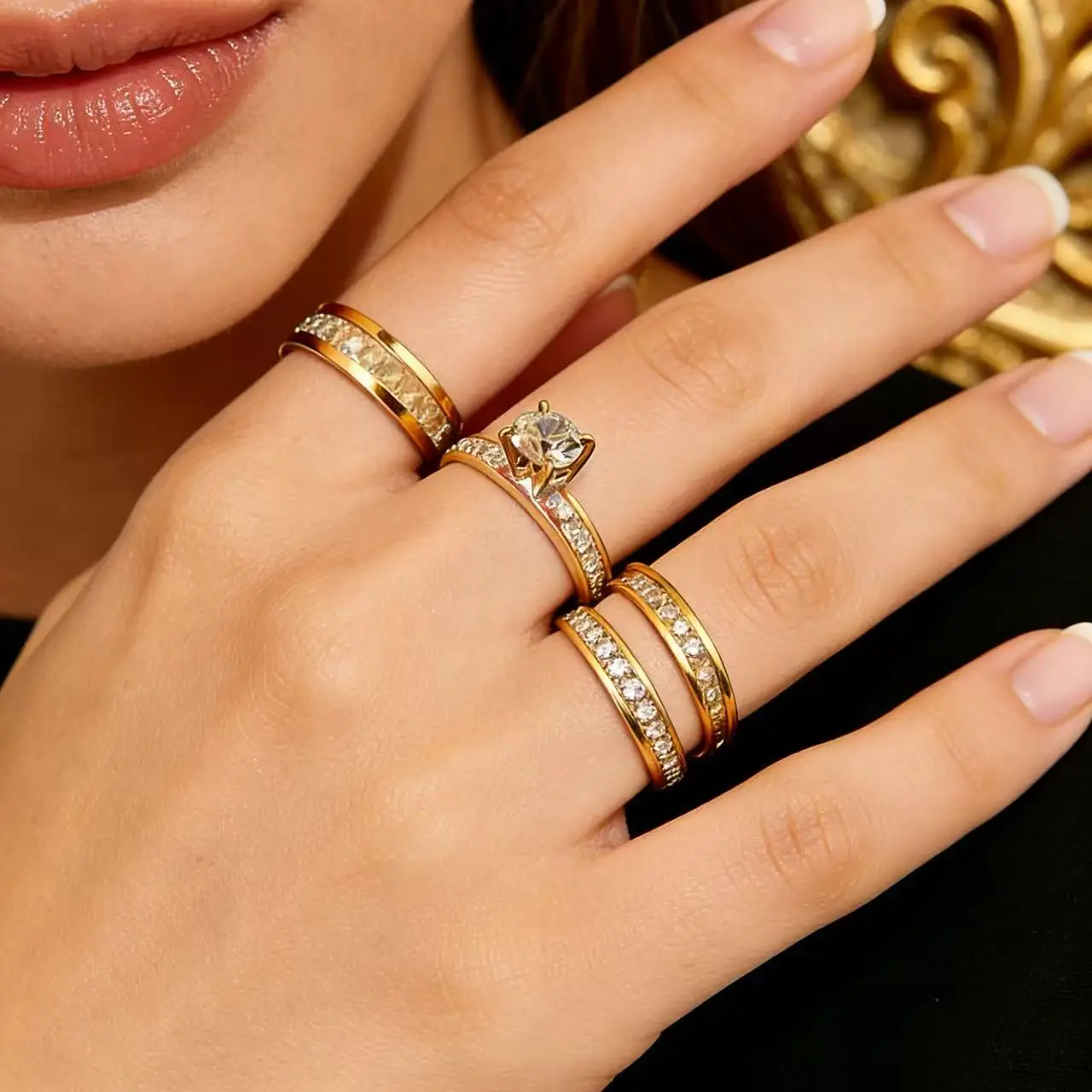 3-Piece Gold Plated and Cubic Zirconia (CZ) Wedding and Engagement Ring Set, Stainless Steel Ring for Women, Classic Jewelry Accessories, Gift - AliExpress 36 - Image 2