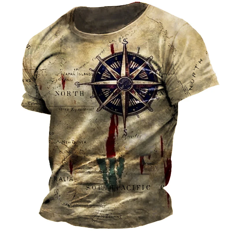 Men's Vintage T-Shirt, American Summer Shirt, Compass Print Short Sleeve Top, Loose Fit Daily Wear, Men's Casual Streetwear - AliExpress 200000343 - Image 3