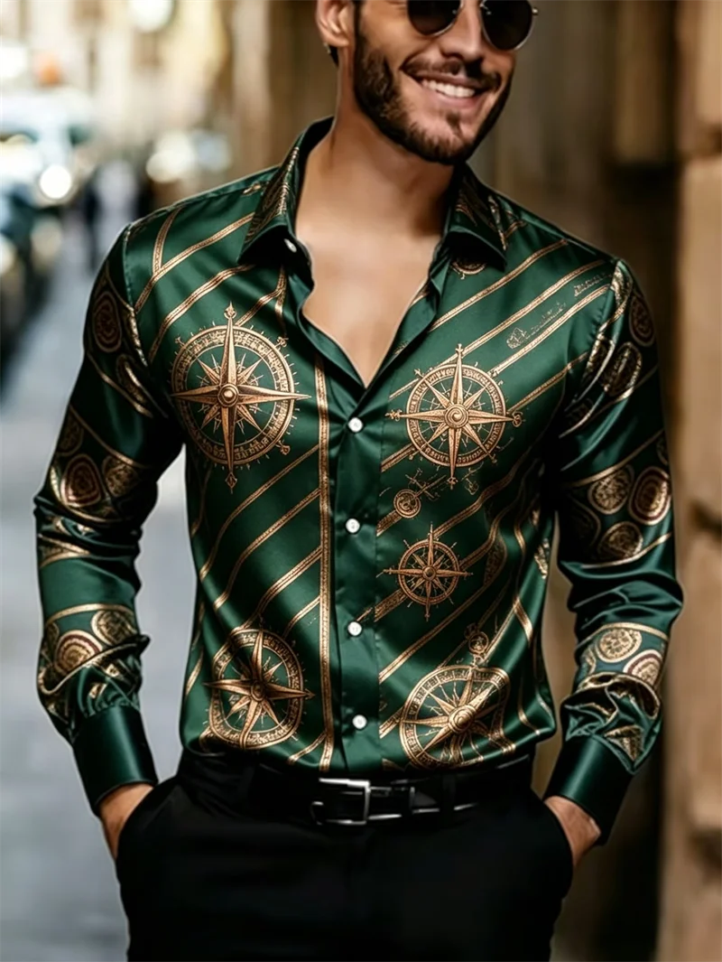 New men's long-sleeved shirt with a landscape print, made of dark green satin, casual business shirt, men's clothing - AliExpress 200000343 - Image 4