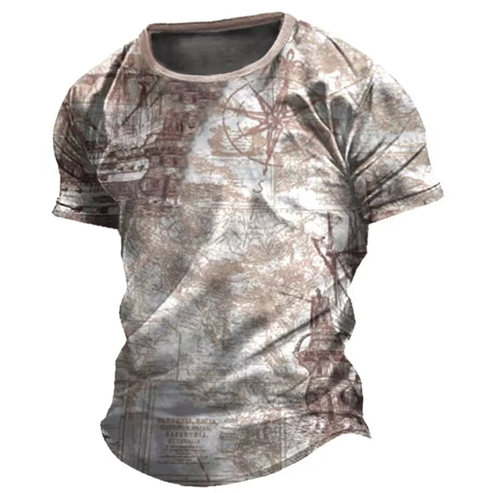 Men's Vintage T-Shirt, American Summer Shirt, Compass Print Short Sleeve Top, Loose Fit Daily Wear, Men's Casual Streetwear - AliExpress 200000343 - Image 4