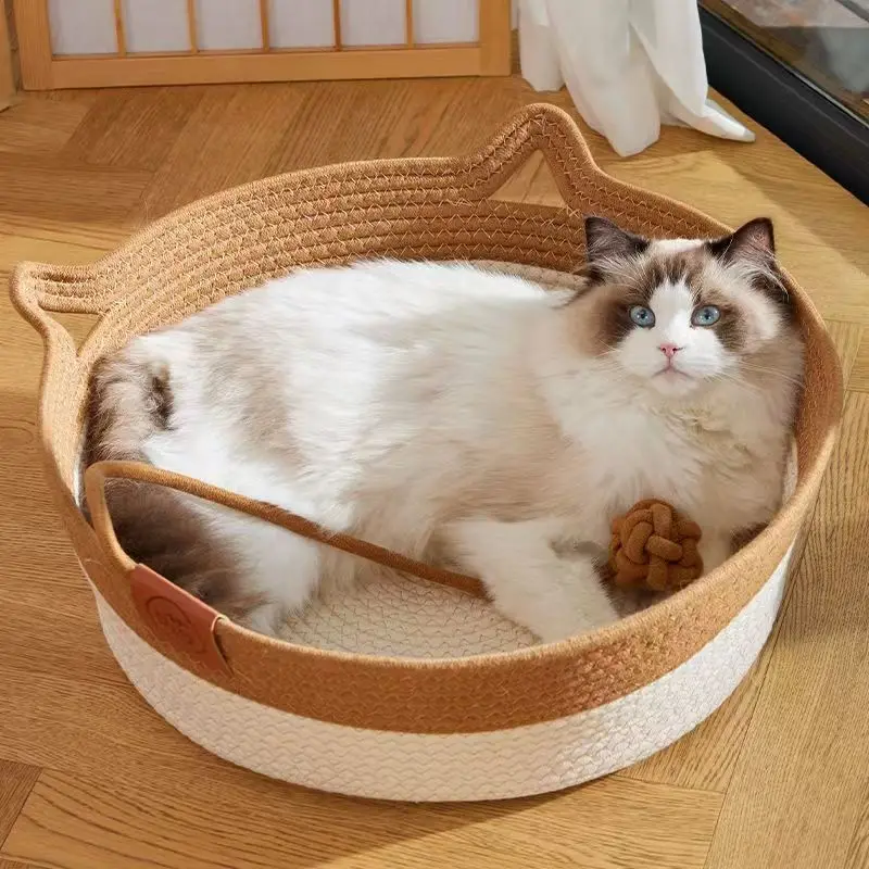 Japanese Pet Cat Bed Round Handwoven Rattan Cat Bed Summer Cooling Kitten Basket Cotton Rope Cat Scratching Baskets - AliExpress 15 - Image 2