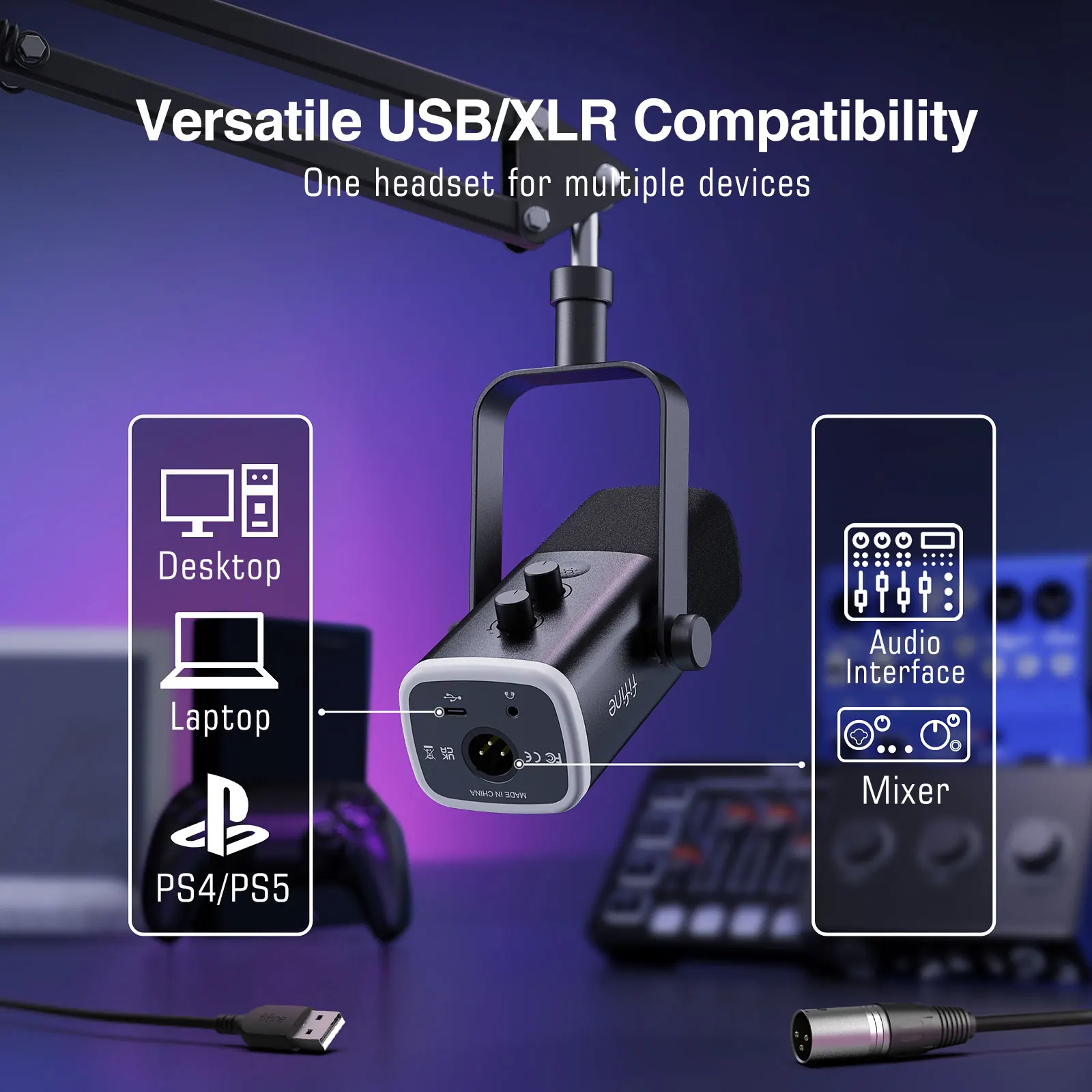 مجموعة ميكروفون FIFINE AM8T ديناميكية مع قاعدة بوم USB-C RGB للكمبيوتر PS5 - Image 6