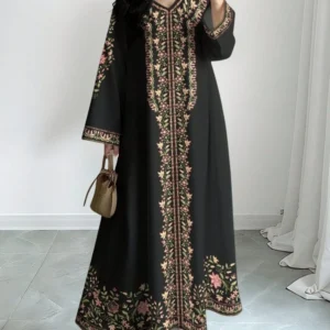 Horetong عباية مسلمة إسلامية متواضعة للنساء الربيع والخريف بطباعة زهرية رقبة V بأكمام طويلة منفوشة فضفاضة أنيقة للمناسبات اليومية فستان طويل - AliExpress 200000345