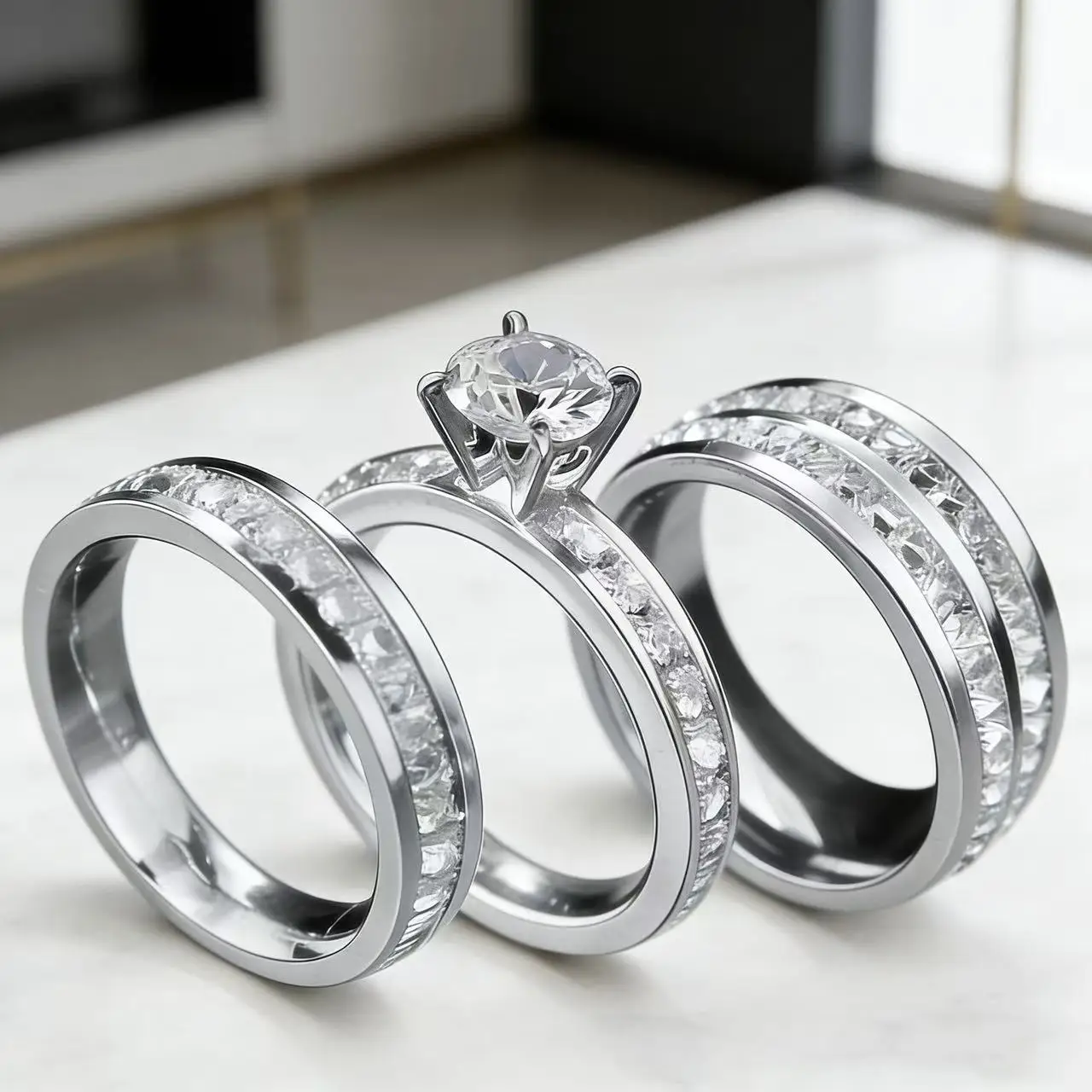 3-Piece Gold Plated and Cubic Zirconia (CZ) Wedding and Engagement Ring Set, Stainless Steel Ring for Women, Classic Jewelry Accessories, Gift - AliExpress 36 - Image 4