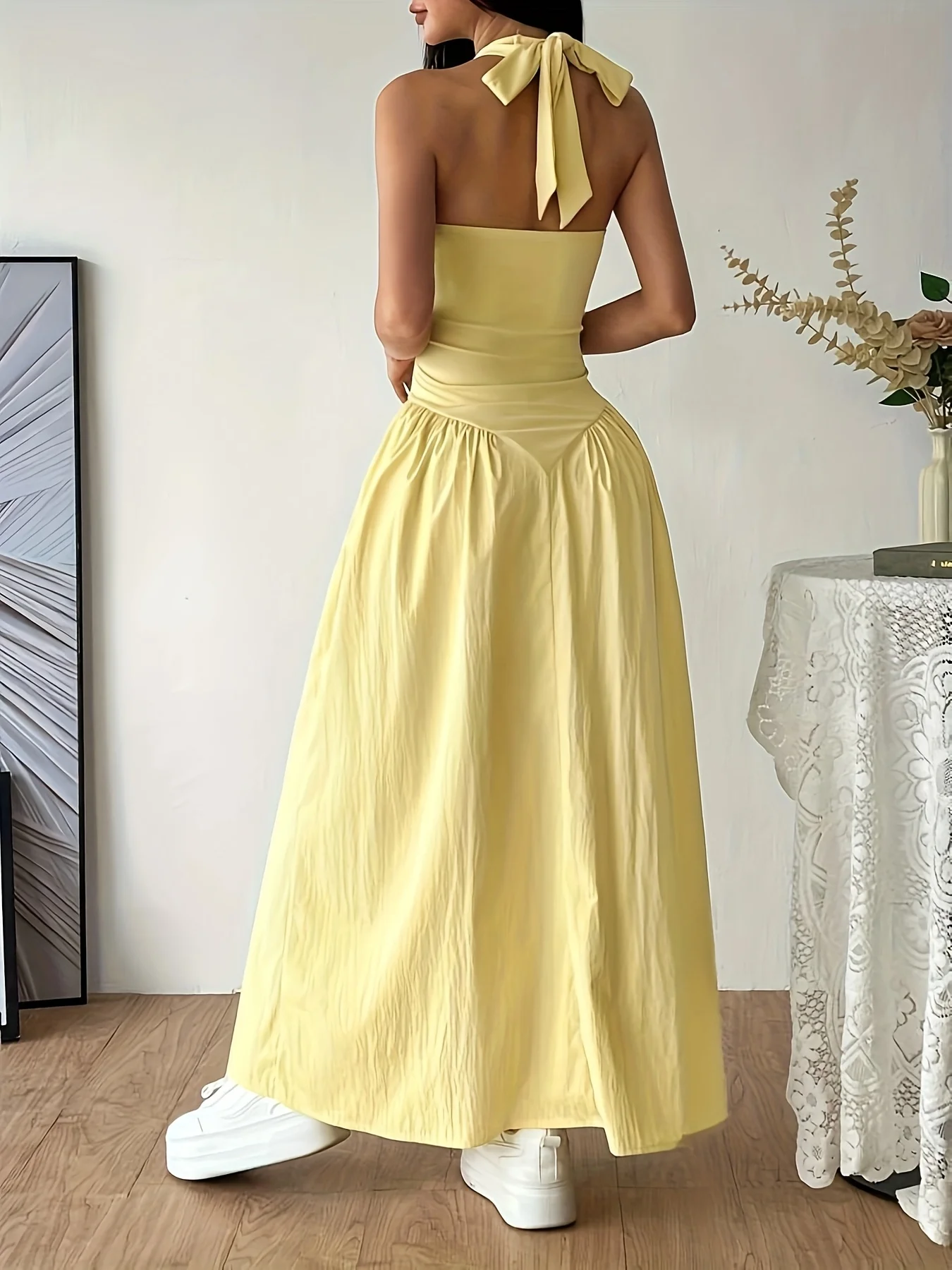 Women's Long Yellow Halter Neck Sleeveless V-Neck A-Line Backless Dress, Elegant Casual Summer Beach and Party Dress 2026 - AliExpress 200000345 - Image 2