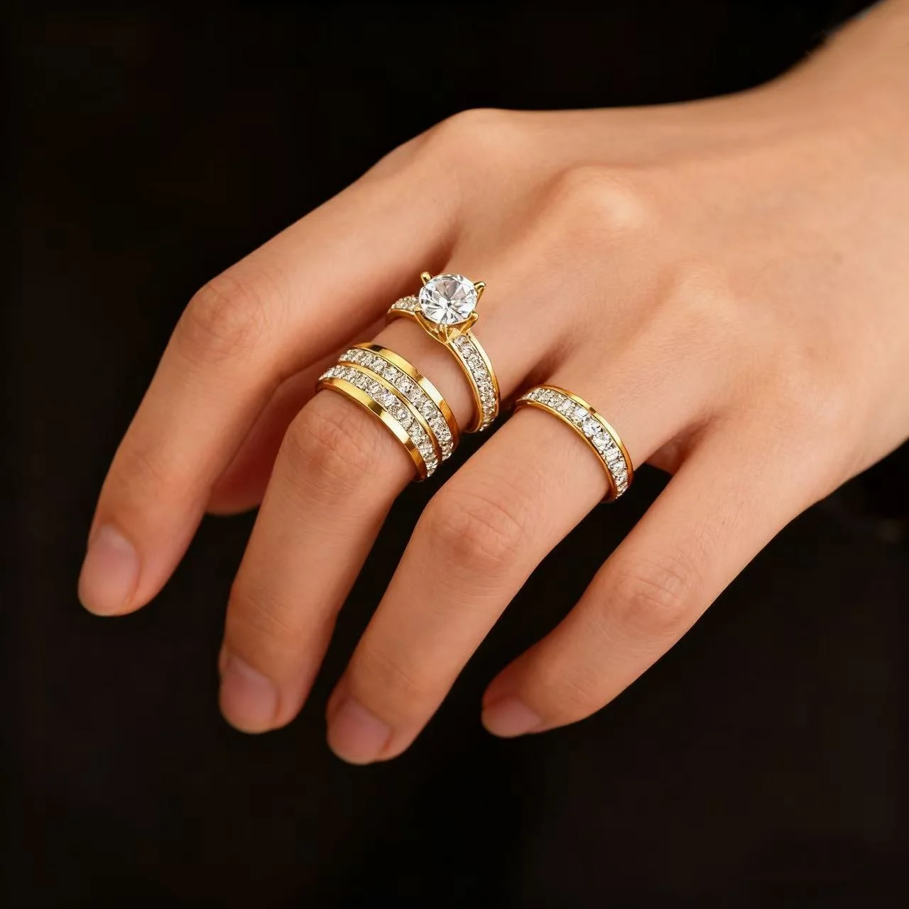 3-Piece Gold Plated and Cubic Zirconia (CZ) Wedding and Engagement Ring Set, Stainless Steel Ring for Women, Classic Jewelry Accessories, Gift - AliExpress 36 - Image 6