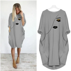فستان نسائي للربيع والصيف بنمط صورة مطبوع كاجوال فضفاض مقاس كبير وأكمام طويلة وجيب - AliExpress 200000345