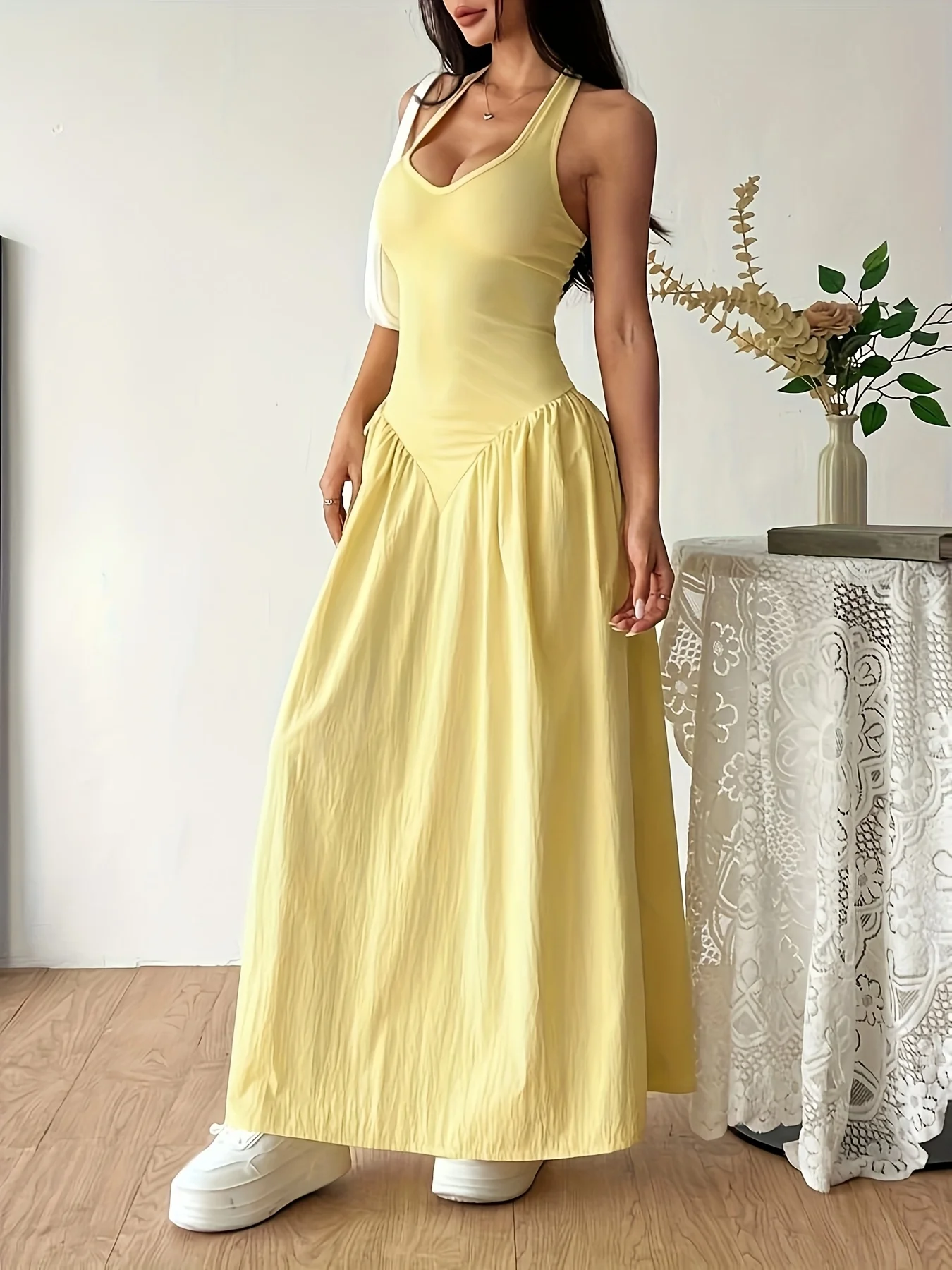 Women's Long Yellow Halter Neck Sleeveless V-Neck A-Line Backless Dress, Elegant Casual Summer Beach and Party Dress 2026 - AliExpress 200000345 - Image 3