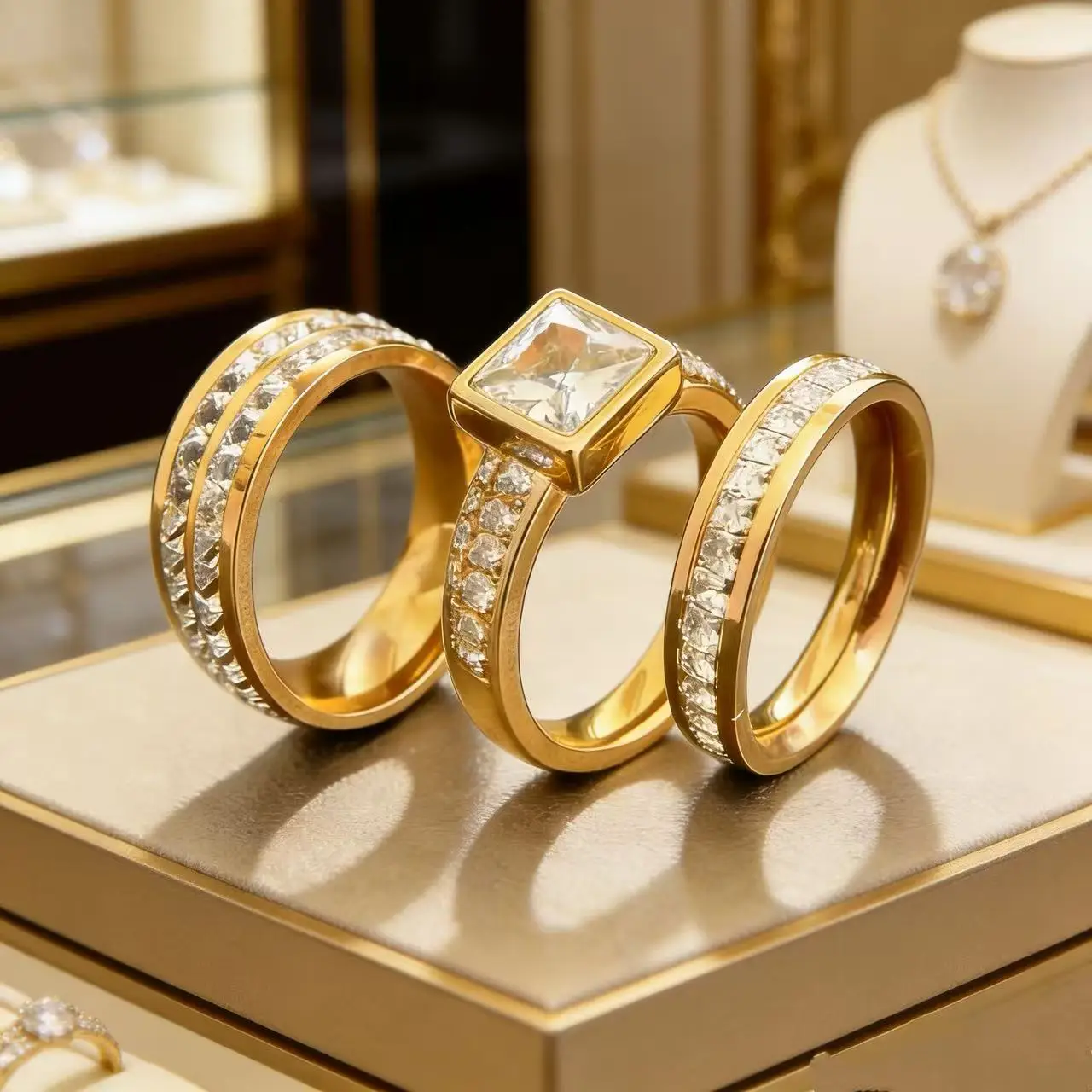 3-Piece Gold Plated and Cubic Zirconia (CZ) Wedding and Engagement Ring Set, Stainless Steel Ring for Women, Classic Jewelry Accessories, Gift - AliExpress 36 - Image 3