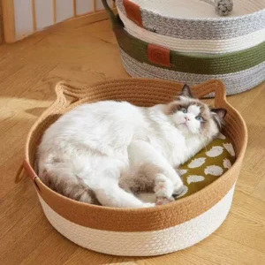 Japanese Pet Cat Bed Round Handwoven Rattan Cat Bed Summer Cooling Kitten Basket Cotton Rope Cat Scratching Baskets - AliExpress 15