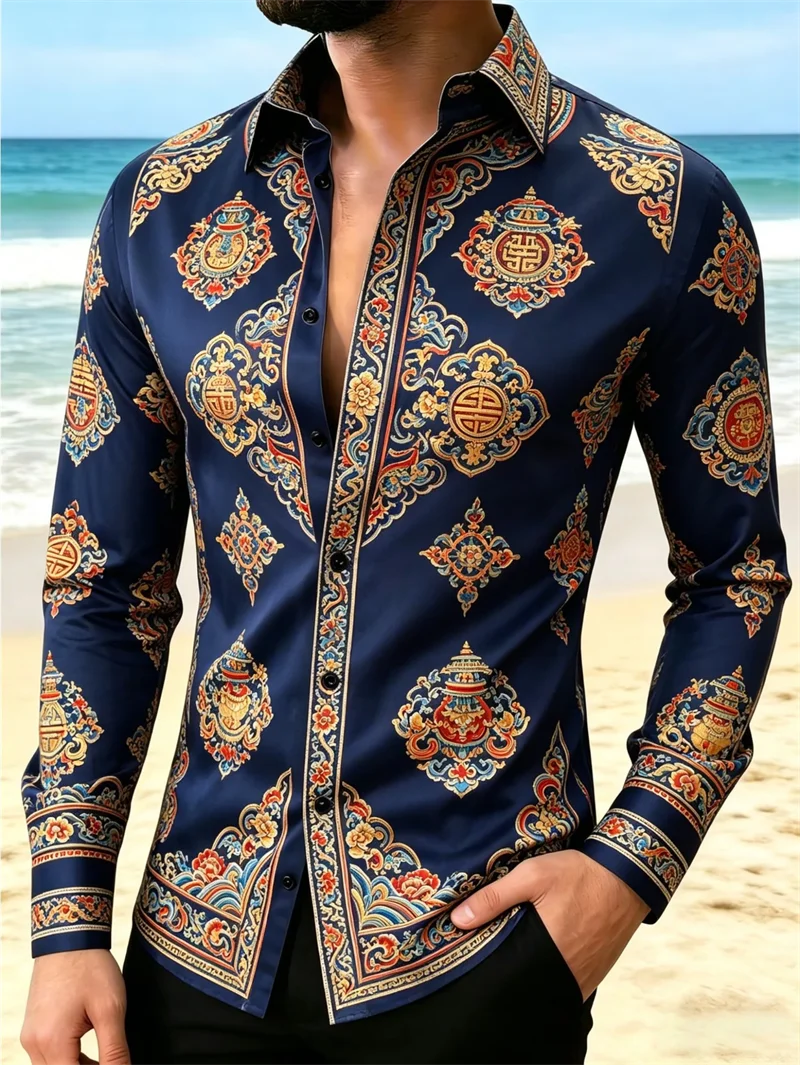 New men's long-sleeved shirt with a landscape print, made of dark green satin, casual business shirt, men's clothing - AliExpress 200000343 - Image 3