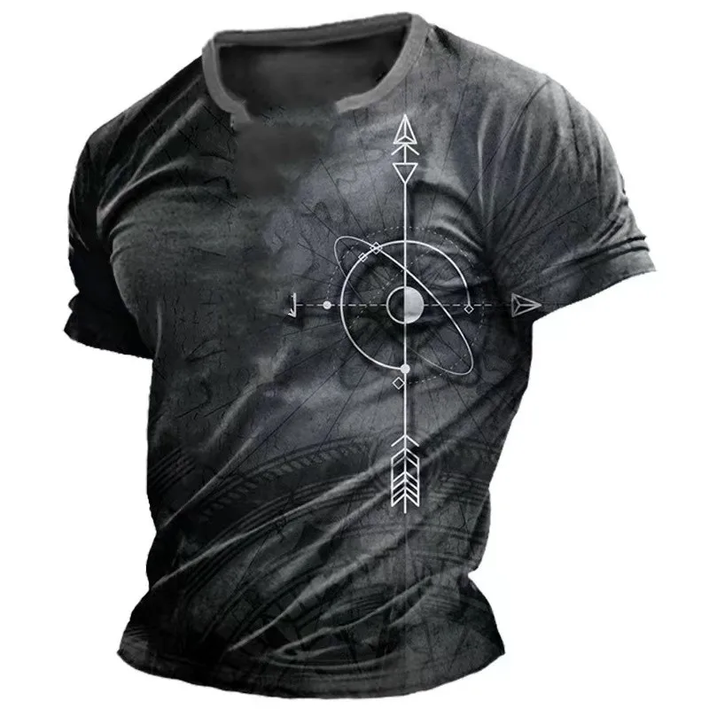 Men's Vintage T-Shirt, American Summer Shirt, Compass Print Short Sleeve Top, Loose Fit Daily Wear, Men's Casual Streetwear - AliExpress 200000343 - Image 2