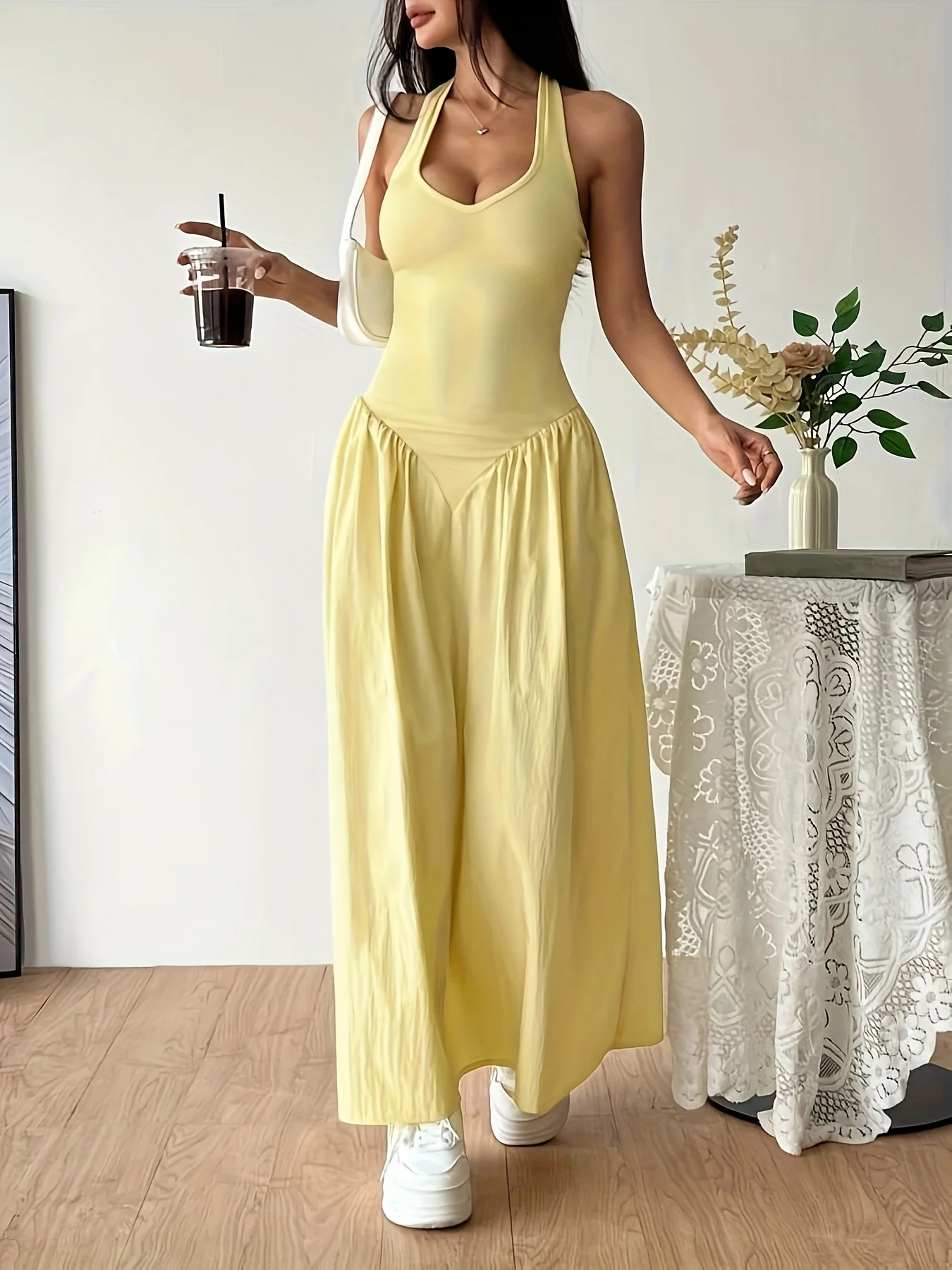 Women's Long Yellow Halter Neck Sleeveless V-Neck A-Line Backless Dress, Elegant Casual Summer Beach and Party Dress 2026 - AliExpress 200000345