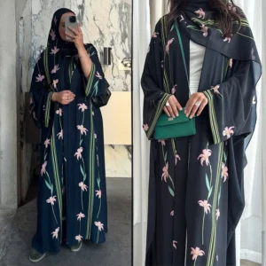 عباءة مطرزة بزهور عربية، قفطان طويل بتصميم مفتوح من الأمام