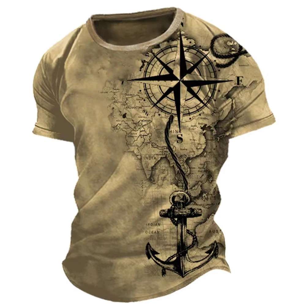 Men's Vintage T-Shirt, American Summer Shirt, Compass Print Short Sleeve Top, Loose Fit Daily Wear, Men's Casual Streetwear - AliExpress 200000343