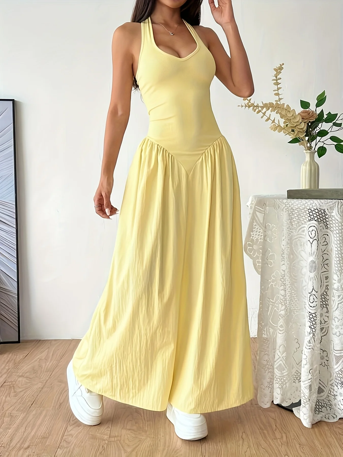 Women's Long Yellow Halter Neck Sleeveless V-Neck A-Line Backless Dress, Elegant Casual Summer Beach and Party Dress 2026 - AliExpress 200000345 - Image 5