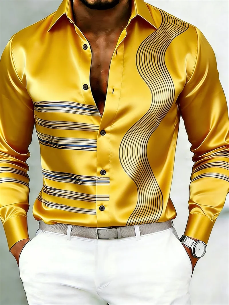New men's long-sleeved shirt with a landscape print, made of dark green satin, casual business shirt, men's clothing - AliExpress 200000343
